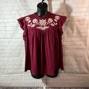 Knox Rose Maroon Floral Flutter Sleeve Top, Keyhole-tie back. XXL. NWOT.